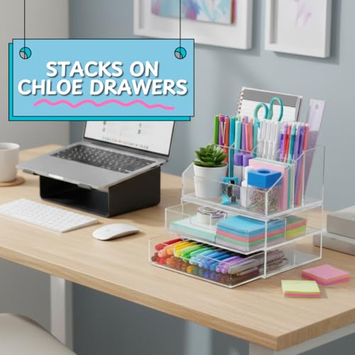 STORi Chloe Clear Plastic Stackable Desk Organizer, Rectangular 6-Compartment Office Supply Holder for Pens, Markers & Notepads, Made in USA - style: Organizer Top