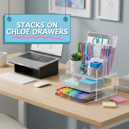 STORi Chloe Clear Plastic Stackable Desk Organizer, Rectangular 6-Compartment Office Supply Holder for Pens, Markers & Notepads, Made in USA - style: Organizer Top