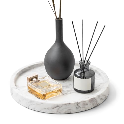 Natural Marble Decorative Tray for Bathroom Bedroom Kitchen Dresser, Round Vanity Trays for Jewelry, Perfume, Cosmetic, Candle, Countertop Storage Organizer for Home Decor Color White (TP601) - color: Natural White, size: 9.4"