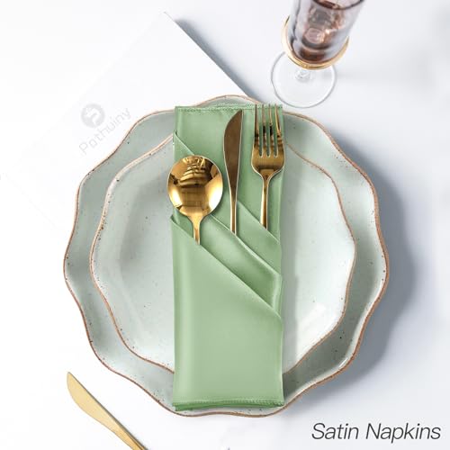 P Pothuiny 12 Pcs Silky Sage Green Satin Napkins 17 x 17 Inches, Square Smooth Wedding Dinner Napkins Satin Cloth Napkins Table Napkins for Banquet Party Restaurant Decor, Thanksgiving, Christmas - color: Sage Green