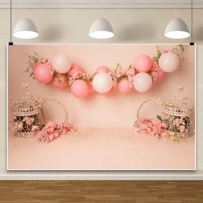 Yeele 8x4ft Pink Balloon Floral Backdrop for Girl Birthday Pastel Pink Room Flowers Balloons Princess Baby Shower Photography Background for Newborn Girls Women Portrait Photo Shoot Props - size: 8x4ft