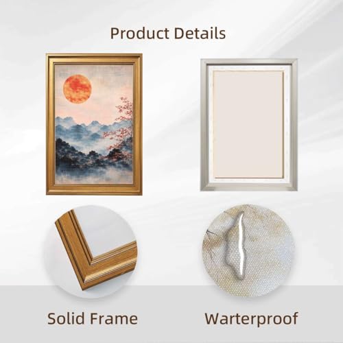 Vintage Framed Canvas Wall Art Misty Landscape with Red Sun and Cherry Blossoms Art Print Landscape Painting Pictures Wall Decor Aesthetic Decor Living Room Bedroom Dorm Office (Retro Framed,16L"x24W") - size: 16L"x24W"