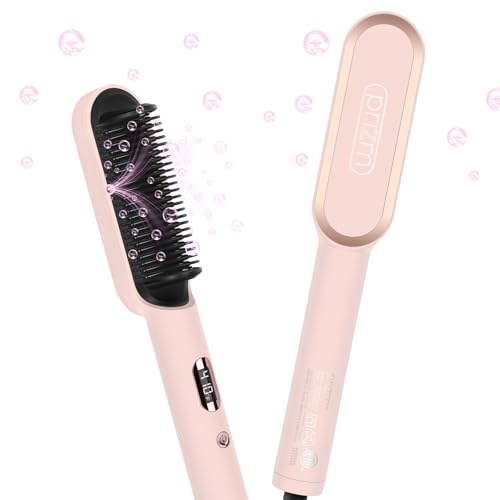 Prizm Hair Straightener Brush, 20s Fast Heating, Negative Ions Hair Straightening Brush with Less Frizz, 4 Temp Settings & LED Display, Anti-Scald Design, Gift for Women, Dual Voltage, Pink - color: Pink
