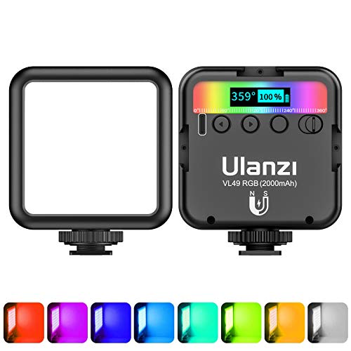 ULANZI VL49 RGB Video Lights, LED Camera Light 360° Full Color Portable Photography Lighting w 3 Cold Shoe, 2000mAh Rechargeable CRI 95+ 2500-9000K Dimmable Panel Lamp Support Magnetic Attraction - color: Black