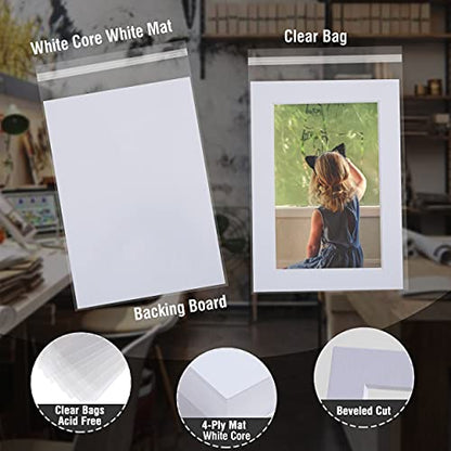 Falling in Art Acid Free 5 Pack 5x7 Pre-Cut Mat Board Show Kit for 4x6 Photos, Prints or Artworks, 5 Core Bevel Cut Matts and 5 Backing Boards and 5 Crystal Plastic Bags, White - size: 5x7-5 Pack