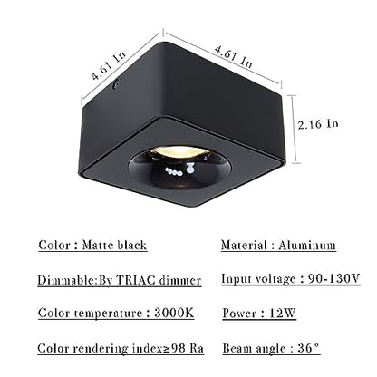 LED Dimmable Square Ceiling Spotlight Aluminum Black Wide 4.61 in Ultra-Thin 2.16 in Downlight Modern Ceiling Mounted Spot Light Fixture for Living Room Hallway Foyer CRI 98 12W 3000K 002 - color: Black, size: Square-12W-Dimmable