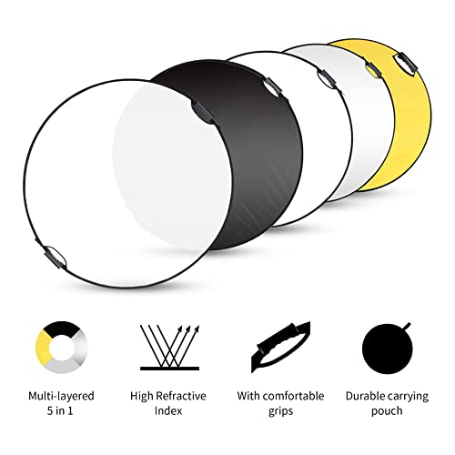 Selens 43 Inch (110cm) Photography Reflector, Collapsible Light Reflector with Carrying Case, 5 in 1 Reflector for Photography Photo Studio Lighting -Translucent, Silver, Gold, White and Black - size: 43 Inch