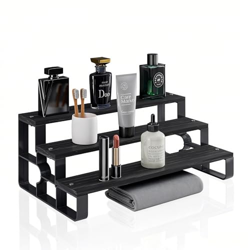 GRELY Waterproof Wooden Perfume Cologne Organizer for Men, 3 Tier 11.2 Inch Compact Stand with ABS Frame, Anti-Slip for Dresser Bathroom (Black, 3 Tier 11.2") - size: 3 Tier 11.2"