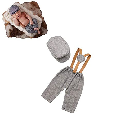 Newborn Monthly Baby Photo Props Stripe Checked Flat Cap Newsboy Suspender Pants Romper for Photography Outfits - color: Gray