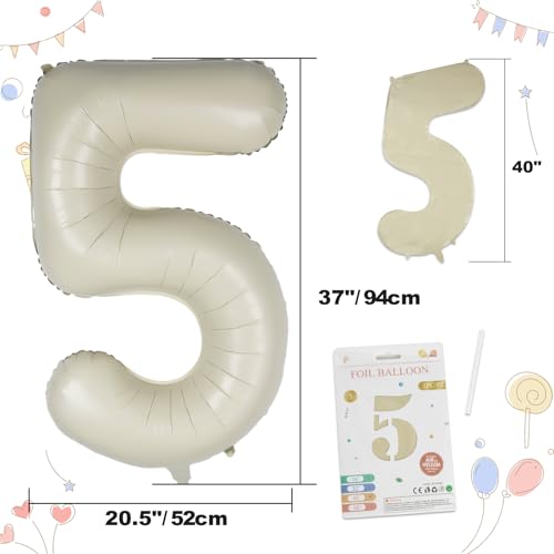 CARGEN 40 Inch Creamy White Number 5 Balloon, Large Beige Foil Mylar Digital 0-9 for Birthday Decorations, Boho Neutral Party Supplies, Wedding Anniversary Photo Props, Helium or Air Fill - style: Number 5