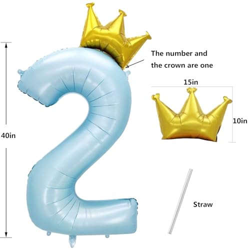 Giant Pale Blue 2 Number Crown Balloons 40 Inch Light Blue 2 Mylar Helium Large Crown Digital Balloon Baby Blue Birthday Numbers Balloons 2nd Birthday Kids Theme Party Decoration Supplies - color: Crown Pale Blue 2