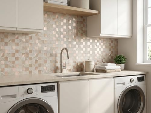 Yipscazo Peel and Stick Backsplash Tile, Stick on Stainless Steel Backsplash Metal Tiles for Kitchen Walls in Beige Mixed Metal (12''x12'',10 Sheets) - color: Beige mixed Metal