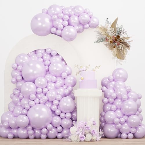 Double Pearl Purple Stuffed Balloons Different Size 115Pcs 5/10/12/18" Light Purple Balloon Arch Kit for Princess Birthday Baby Shower Bridal Shower Engagement Ocean Sea Frozen Theme Party - color: Pearl Purple
