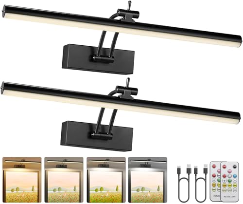 Yuichoy 2 Pack Picture Lights for Wall Battery Operated, 16 inch Wireless Art Lighting for Painting, 6 Colors Picture Frame Lights with Remote, Dimmable 5200mAh Gallery Light, Black - color: Black, size: 16 inch