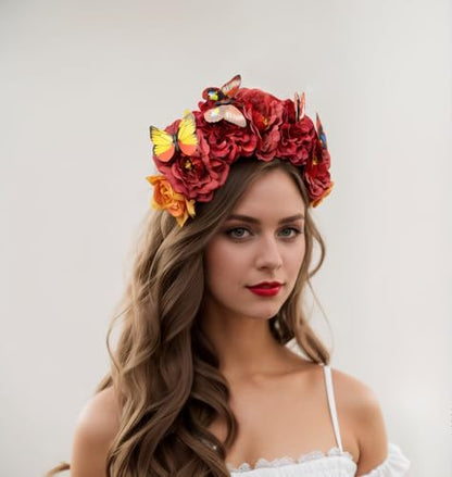 Elegant Butterfly Flower Headband for Women Boho Handmade Rose Floral Crown Wedding Bridal Festivals Cosplay Prom Photo Props Headpiece (B4 red, Adjustable) - color: B4 red
