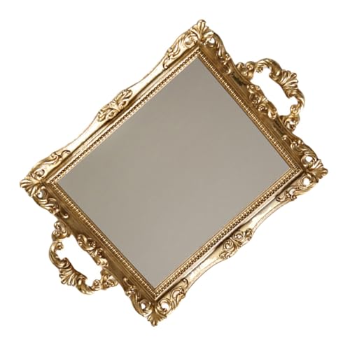 Golden Nordic Style Retro Carved Mirror Tray, Resin Storage Craft Decorative Plate for Wedding Dessert Table and Room Ornament, Vintage Makeup and Photo Prop Tray