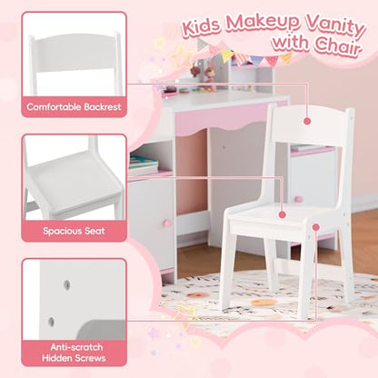 MU Kids Vanity, Girl Vanity Set with Mirror and Stool, 2 in 1 Toddler Makeup Vanity Table with Jewelry Storage, Wooden Princess Makeup Desk Dressing Table for Little Girls, (White) - color: White