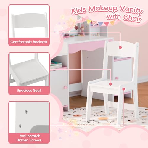 MU Kids Vanity, Girl Vanity Set with Mirror and Stool, 2 in 1 Toddler Makeup Vanity Table with Jewelry Storage, Wooden Princess Makeup Desk Dressing Table for Little Girls, (White) - color: White