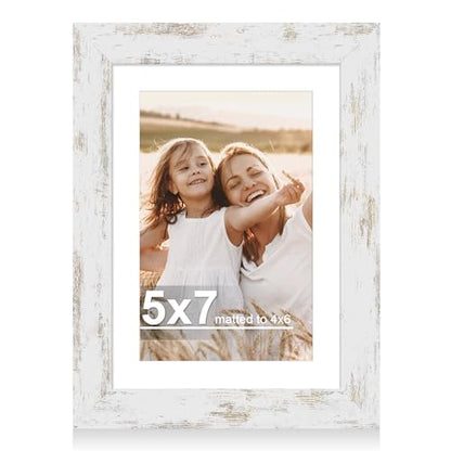 Hongkee 5x7 Picture Frame with Glass, Display Pictures 4x6 with Mat or 5 x 7 without Mat - Wall and Tabletop, 5 by 7 Photo Wooden Frames (Distressed White, 1 Pack) - color: Distressed White, size: 5X7 in