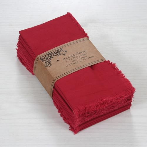 ACCENTHOME Red Cotton Linen Napkin Set of 12 18x18 inch Dinner Napkins - Washable Soft Premium Hotel Quality Reusable Hemmed Edges Napkins Perfect Table Linens for Family Dinners, Weddings - color: 06 - Red, size: 18"x18" - Pack of 12
