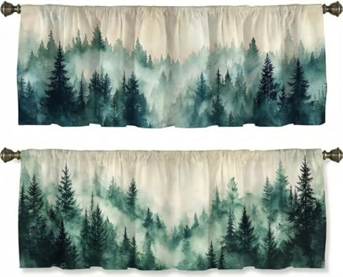 Misty Pine Forest Pattern Curtains, Two-Pack, Watercolor Nature Landscape, Rod Pocket Curtains, Short Style, Suitable for Kitchen, Bathroom, Bedroom, 54x18 inches. - color: Misty Pine Forest