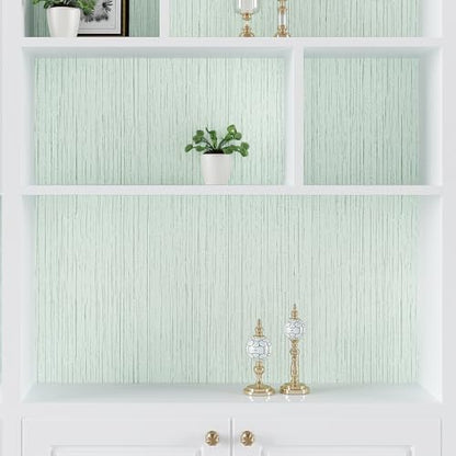VEELIKE Light Green Grasscloth Peel and Stick Wallpaper Textured Grass Cloth Wallpaper 15.7''x354'' Removable Faux Linen Fabric Vinyl Self Adhesive Green Contact Paper for Cabinets Bedroom Bathroom - color: Light Green, size: 15.7" x 354"