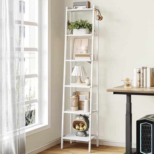 Hzuaneri Ladder Shelf, Bookshelf Bookcase, Freestanding Corner Storage Shelve with 2 Hooks for Home Office, Living Room, Kitchen, Bedroom, Industrial, 6-Tier White BC13313W - color: White, size: 11.8"d X 13.4"w X 72.8"h
