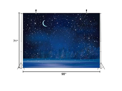 BELECO 8x6ft Fabric Winter Wonderland Night Snowfall Backdrop Blue Starry Sky Moon Stars Snowflakes Fir Trees Pine Forest Snow Scene Background Christmas New Year Party Decoration Photo Studio Props - size: 8x6FT