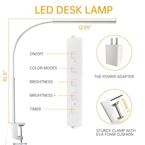 LED Desk Lamp with Clamp, Eye-Protection Clip on Desk Lamp, 5 Modes 10 Brightness Adjustment, 360°Flexible Gooseneck Lamp for Home Office, Lamps with USB Adapter，White - color: Plus.-White