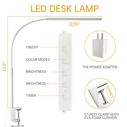 LED Desk Lamp with Clamp, Eye-Protection Clip on Desk Lamp, 5 Modes 10 Brightness Adjustment, 360°Flexible Gooseneck Lamp for Home Office, Lamps with USB Adapter，White - color: Plus.-White