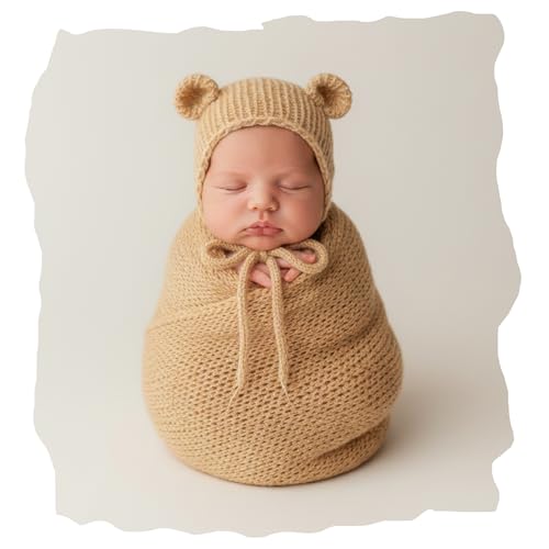 Baby Photography Props Infant Boy Girl Outfits - Crochet Knit Mohair Wrap Blanket & Bear Hat for Newborn Photo Shoots(Beige) - color: Beige