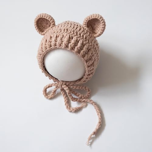 Zeroest Newborn Baby Boy Girl Photography Props Bear Hat Outfits Crochet Kint Handmade Cap Set for Newborn Photo Shoot - color: Light Camel