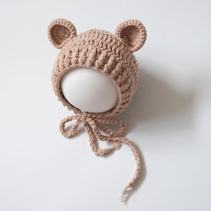Zeroest Newborn Baby Boy Girl Photography Props Bear Hat Outfits Crochet Kint Handmade Cap Set for Newborn Photo Shoot - color: Light Camel