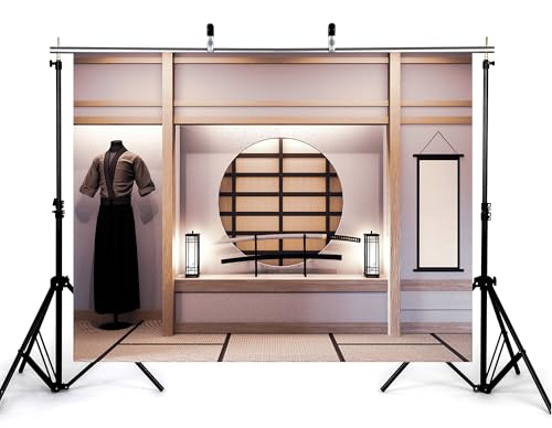 10x7ft Japanese Style Samurai Room Backdrop Katana Display Round Window Photography Background for Samurai Themed Party and Cultural Event Decorations Tapestry Photo Booth Props - size: 10x7ft