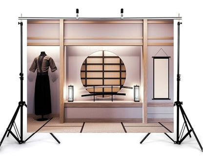 10x5ft Japanese Style Samurai Room Backdrop Katana Display Round Window Photography Background for Samurai Themed Party and Cultural Event Decorations Tapestry Photo Booth Props - size: 10x5ft