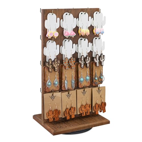 Ikee Design Wooden Rotating Two-Sided Jewelry Display Stand, Rotating Organizer with 32 Long Hooks for Store, Keychain Earring Display, Brown color, 9.1W x 7.5 D x 17.1 H in - color: Brown, 1 Piece, Long Hook