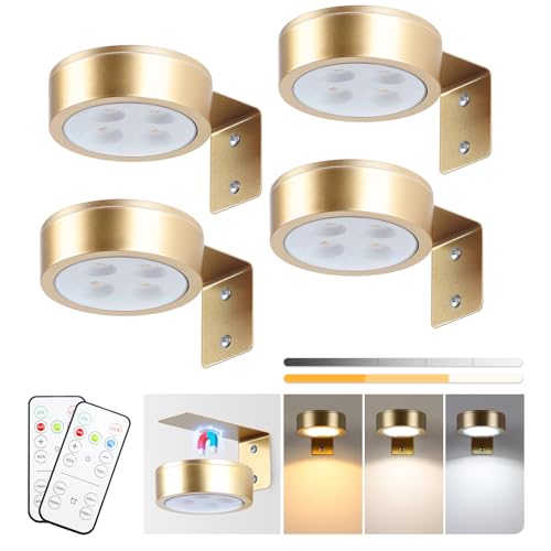 KELUOLY 4-Pack Picture Light Battery Operated Painting Lights for Wall, Magnetic LED Display Art Light with Remote, Dimmable and Timer Portrait Light for Art Frame Artworking, Wall Decor Puck Light - color: Gold 4 Pack