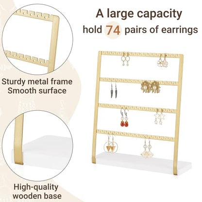 Mkono 4-Tier Earring Holder Organizer Stands Gold Metal Jewelry Display Rack for Hanging 74 Pairs of Earrings and Ear Studs, Gifts for Women and Girls
