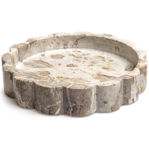 Beige Scalloped Marble Tray - 8 Inch Round Stone Vanity Tray for Perfume & Jewelry, Marble Dish for Bathroom Countertop & Kitchen Counter, Brown Decorative Tray for Bathroom & Kitchen, Modern Catchall - color: Beige