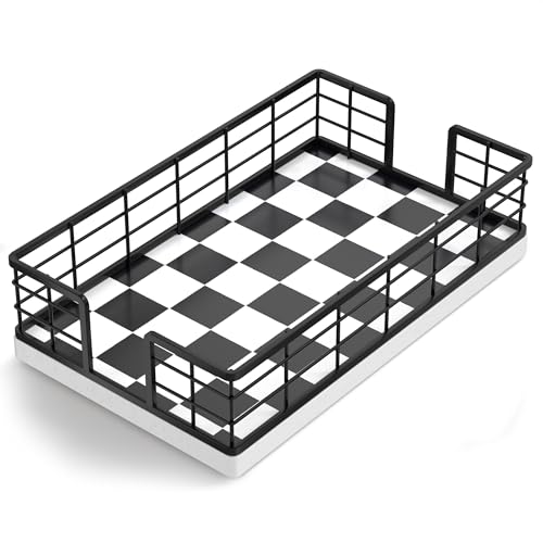 Wican Guest Towel Holder Tray for Bathroom, Oak and Iron Napkins Holder for Powder Room Dinning Table Wooden Basket for Disposable Paper Hand Towels Black and White - color: Black/White, size: 9.06 x 5.51 x 2.56 inchs