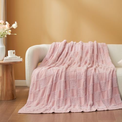 Snuggle Sac Checkered Throw Blanket,Fluffy Faux Fur Knitted with Soft Microfiber Warm Throw Blankets for Couch, Sofa, Chair, Bed, Camping, Picnic, Travel, Solid Pink, 50x60 inches - color: Solid Pink, size: Throw(50"x60")