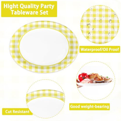 50Pcs Yellow Gingham Oval Paper Plates 10"x12" Large Yellow and White Buffalo Checkered Plaid Plates Disposable Heavy Duty Gingham Party Supplies for Picnic BBQ Baby Shower Birthday Party Decorations - style: 50Pcs Yellow Gingham Oval Plates