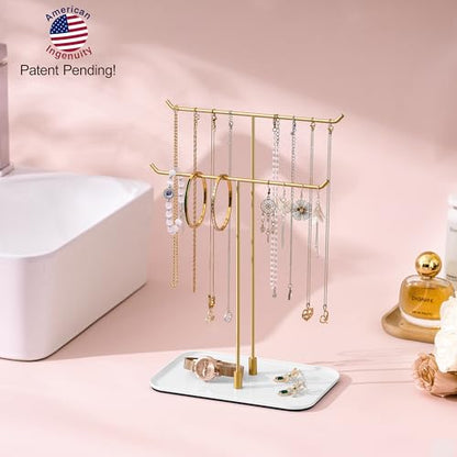bussdis Gold Jewelry Organizer Necklace Holder Stand: 2-Tier T-Bar Display with White Metal Tray, Holds Necklaces Bracelets Earrings, Countertop Jewelry Tree - color: Gold, size: 12.5" Height