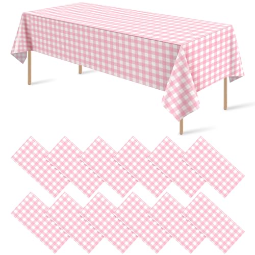 12Pack Pink and White Plastic Checkered Tablecloth, Premium Decorative Disposable Pink Gingham Plaid Table Cloths for Parties, Rectangle Party Table Cover for Picnic Farm Birthday Wedding, 54x108 Inch - color: Pink Checkered, size: 54"x108"-12 Pack