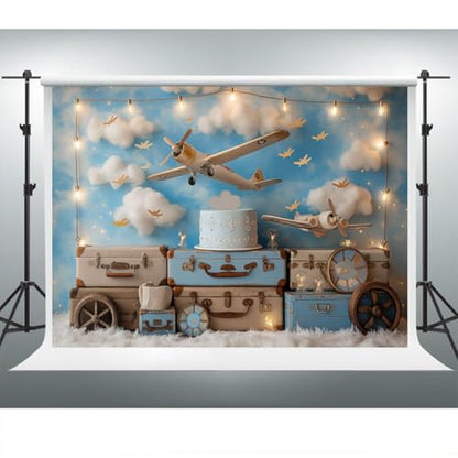 YongFoto Travel Adventure Aircraft Backdrop 6x4ft Cute Clouds Sky Airplane Photography Background Adventure Awaits Baby Shower Boy 1st 2nd Birthday Party Banner Kids Portraits Photoshoot Wallpaper - color: Style 7, size: 6ftx4ft