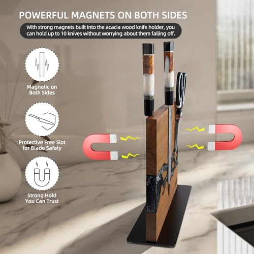 FINDKING Magnetic Knife Block, Double-Sided Knife Holder with Strong Magnets, Acacia Wood and Black White Resin, Countertop Kitchen Knife Storage Stand (12 × 10 Inches, Without Knives) - color: Black White