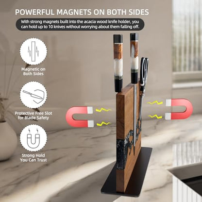 FINDKING Magnetic Knife Block, Double-Sided Knife Holder with Strong Magnets, Acacia Wood and Black White Resin, Countertop Kitchen Knife Storage Stand (12 × 10 Inches, Without Knives) - color: Black White