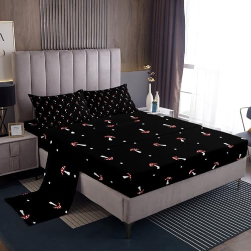 Cute Mushroom Bed Sheets King Size, Kid Cartoon Kawaii Sheet Set, Types Of Mushrooms Bedding Set, Farmhouse Botanical Fitted Sheet Cute Wild Species Natural Plants Flat Sheet For Room Decor, Black - color: Multi 80, size: King