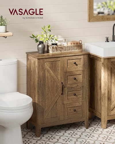 VASAGLE LIRY Collection - Storage Cabinet, Farmhouse Bathroom Floor Cabinet with 4 Drawers, Freestanding Storage Organizer, Barn Door, Adjustable Shelf, Honey Brown, UBBK753K01 - color: Honey Brown, style: 1 Door + 4 Drawers