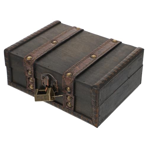 Veemoon Vintage Small Wooden Lock Box Antique Storage Case Retro Jewelry Chest Organizer Pirate Treasure Chest for Jewelry Cosmetics Photography Props